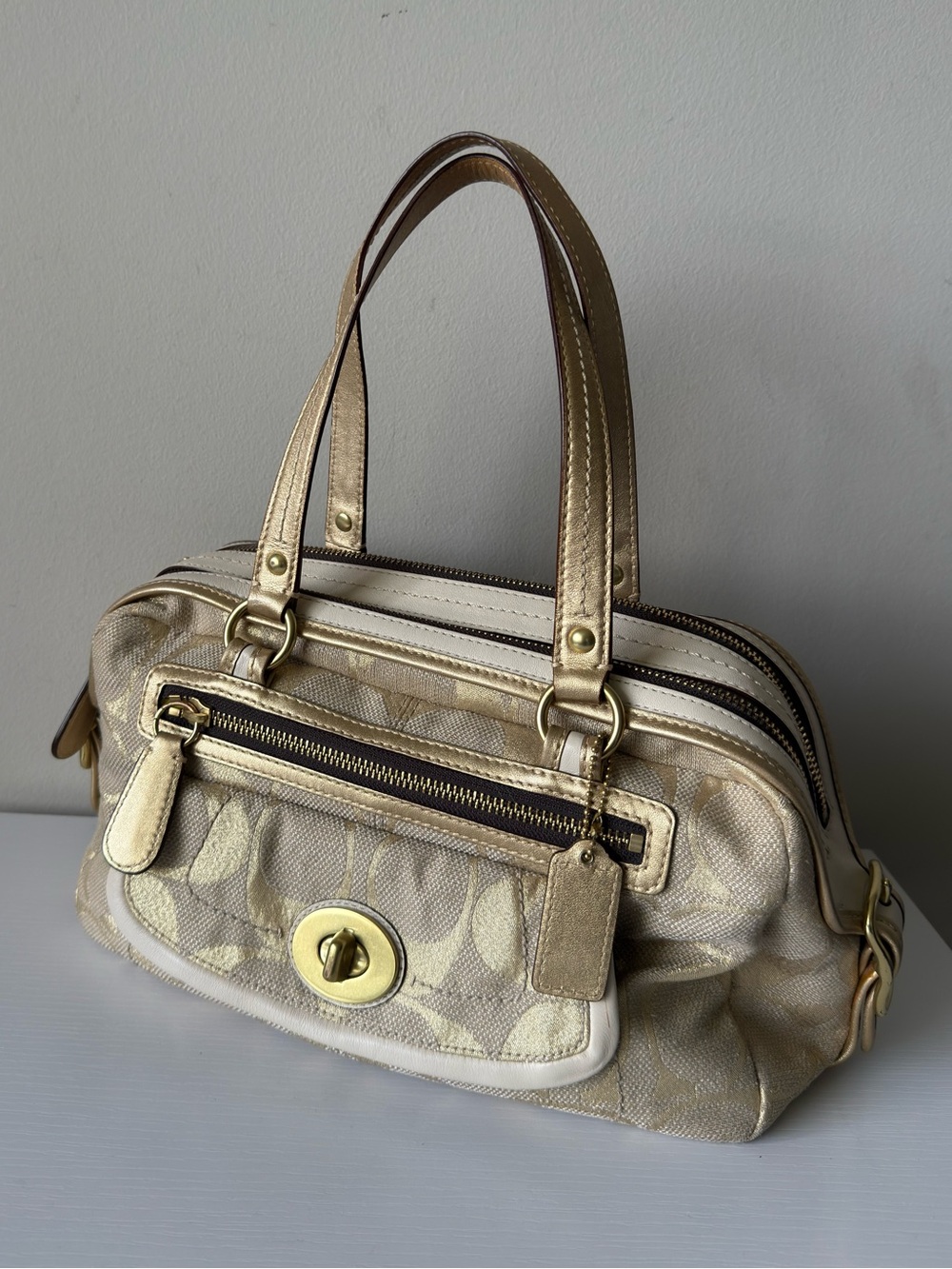 Coach Metallic Gold Bonnie Linen Lurex Satchel Bag